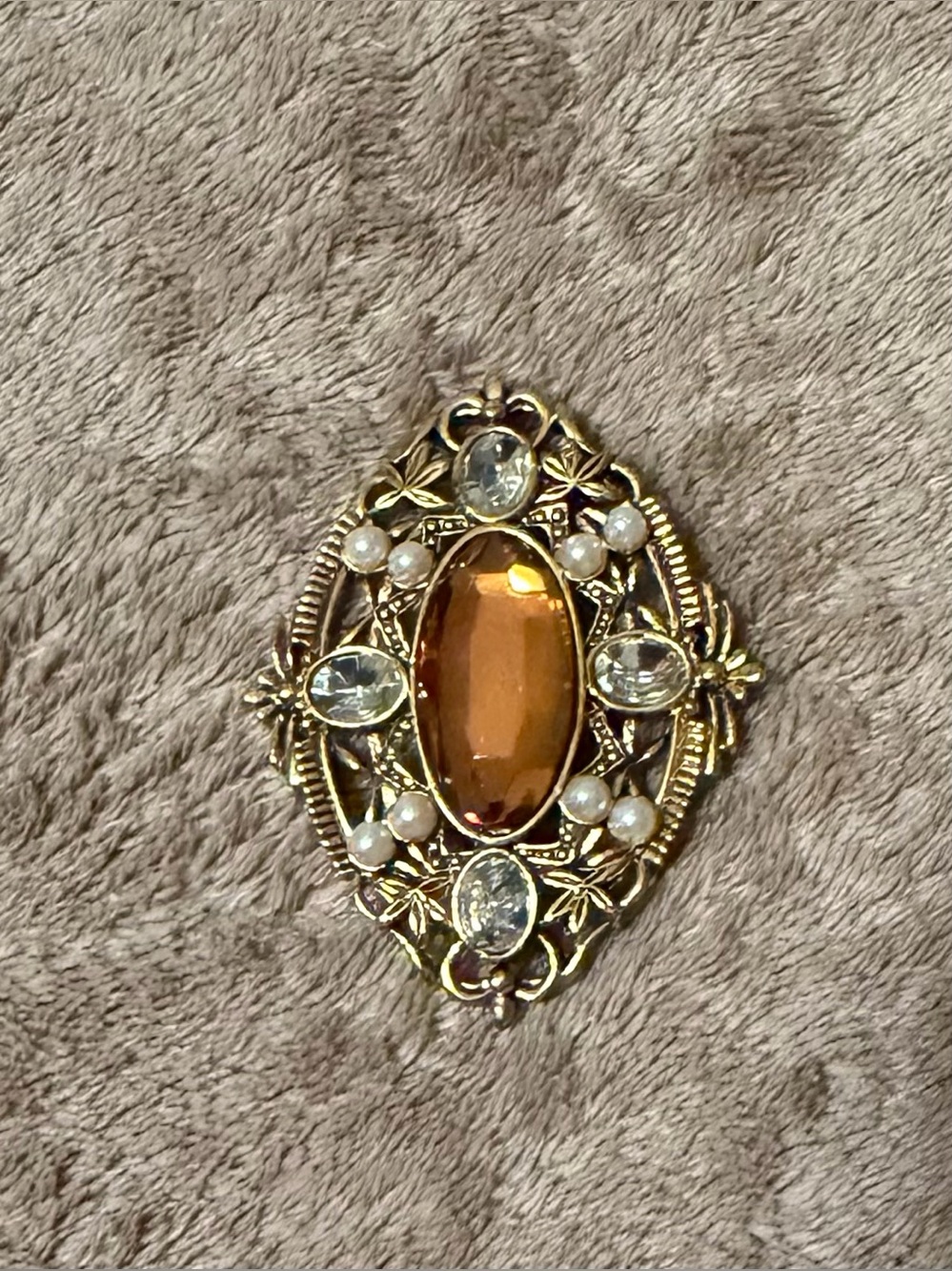 Vintage-Inspired Gold-Tone Amber Oval Brooch with Pearls and Clear by Avon